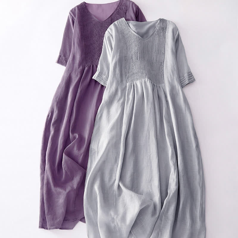 Buddha Stones Lässiges, plissiertes Midikleid mit V-Ausschnitt, kurzen Ärmeln und Taschen - image 27