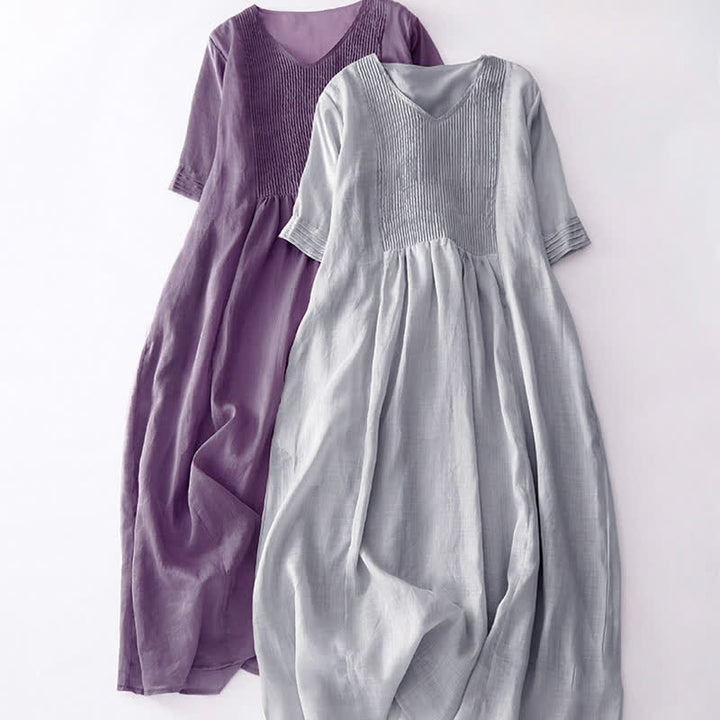 Buddha Stones Lässiges, plissiertes Midikleid mit V-Ausschnitt, kurzen Ärmeln und Taschen - image 27