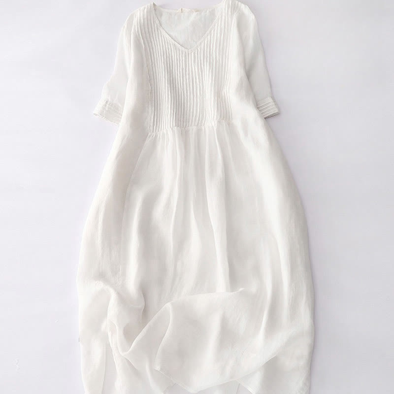 Buddha Stones Lässiges, plissiertes Midikleid mit V-Ausschnitt, kurzen Ärmeln und Taschen - OldLace - US14, UK/AU18, EU46 (2XL) - image 41