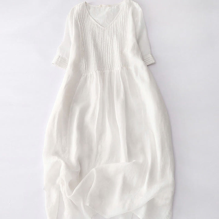 Buddha Stones Lässiges, plissiertes Midikleid mit V-Ausschnitt, kurzen Ärmeln und Taschen - OldLace - US14, UK/AU18, EU46 (2XL) - image 41