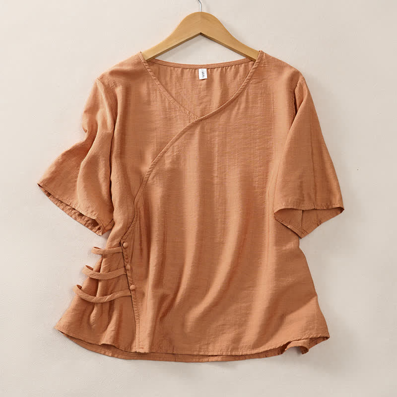 Buddha Stones Lässiges, minimalistisches Kurzarm-T-Shirt für Damen mit V-Ausschnitt, Zierknöpfen und V-Ausschnitt - Peru - US8-10, UK/AU12-14, EU40-42 (2XL) - image 0
