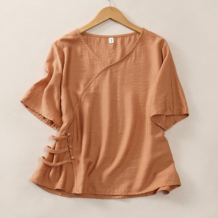 Buddha Stones Lässiges, minimalistisches Kurzarm-T-Shirt für Damen mit V-Ausschnitt, Zierknöpfen und V-Ausschnitt - Peru - US8-10, UK/AU12-14, EU40-42 (2XL) - image 0