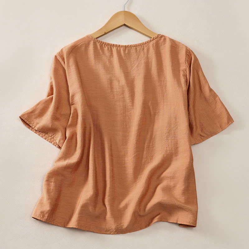 Buddha Stones Lässiges, minimalistisches Kurzarm-T-Shirt für Damen mit V-Ausschnitt, Zierknöpfen und V-Ausschnitt - image 1