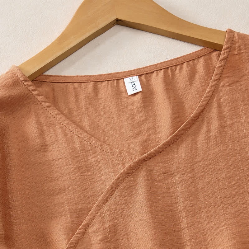 Buddha Stones Lässiges, minimalistisches Kurzarm-T-Shirt für Damen mit V-Ausschnitt, Zierknöpfen und V-Ausschnitt - image 2