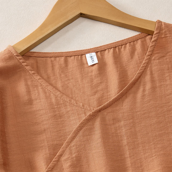 Buddha Stones Lässiges, minimalistisches Kurzarm-T-Shirt für Damen mit V-Ausschnitt, Zierknöpfen und V-Ausschnitt - image 2