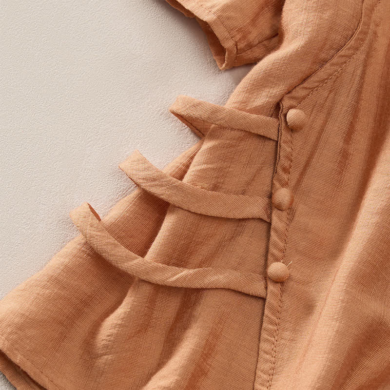 Buddha Stones Lässiges, minimalistisches Kurzarm-T-Shirt für Damen mit V-Ausschnitt, Zierknöpfen und V-Ausschnitt - image 4