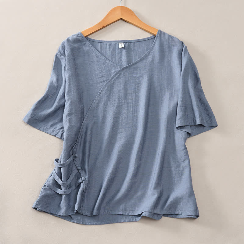 Buddha Stones Lässiges, minimalistisches Kurzarm-T-Shirt für Damen mit V-Ausschnitt, Zierknöpfen und V-Ausschnitt - Hellstahlblau - US8-10, UK/AU12-14, EU40-42 (2XL) - image 6
