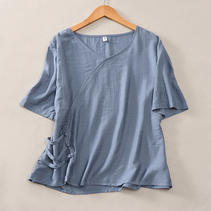 Buddha Stones Lässiges, minimalistisches Kurzarm-T-Shirt für Damen mit V-Ausschnitt, Zierknöpfen und V-Ausschnitt - Hellstahlblau - US8-10, UK/AU12-14, EU40-42 (2XL) - image 6