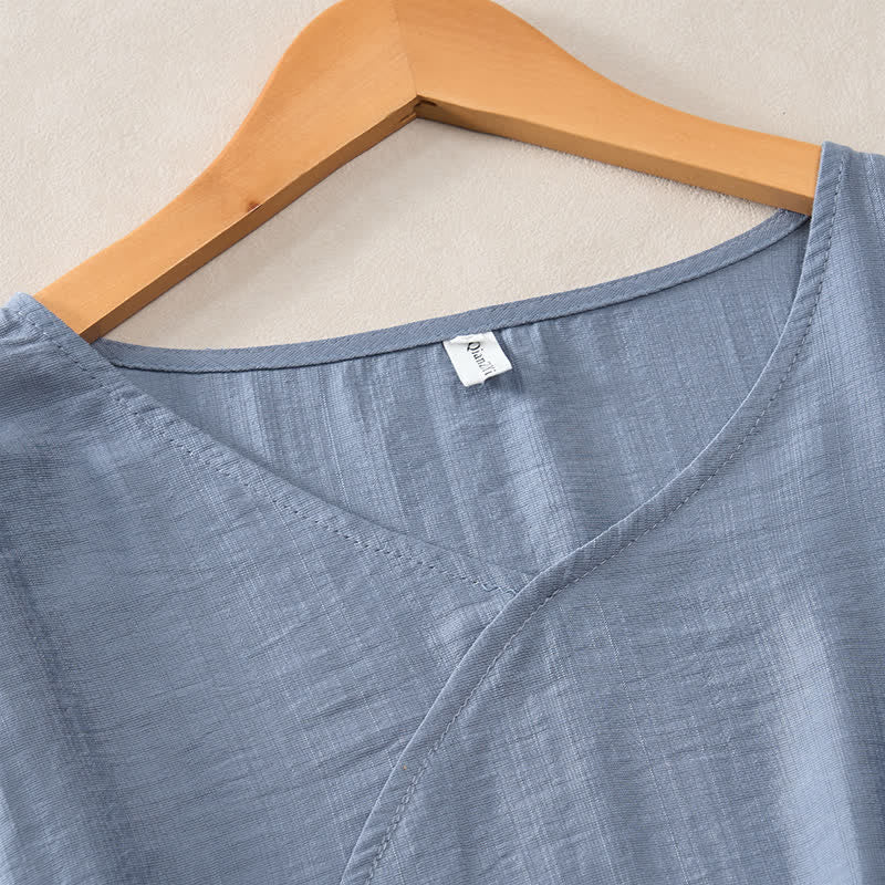 Buddha Stones Lässiges, minimalistisches Kurzarm-T-Shirt für Damen mit V-Ausschnitt, Zierknöpfen und V-Ausschnitt - image 8