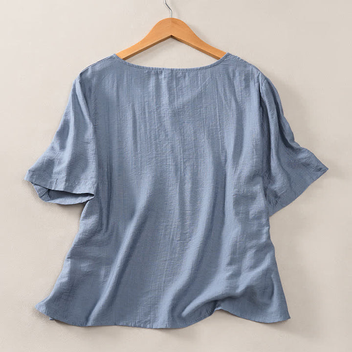 Buddha Stones Lässiges, minimalistisches Kurzarm-T-Shirt für Damen mit V-Ausschnitt, Zierknöpfen und V-Ausschnitt - image 7