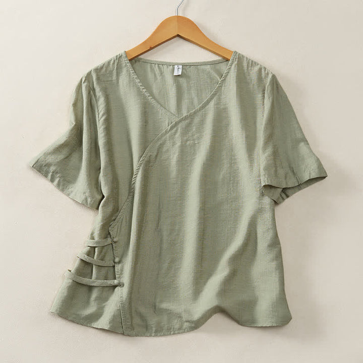 Buddha Stones Lässiges, minimalistisches Kurzarm-T-Shirt für Damen mit V-Ausschnitt, Zierknöpfen und V-Ausschnitt - Dunkelseegrün - US8-10, UK/AU12-14, EU40-42 (2XL) - image 12