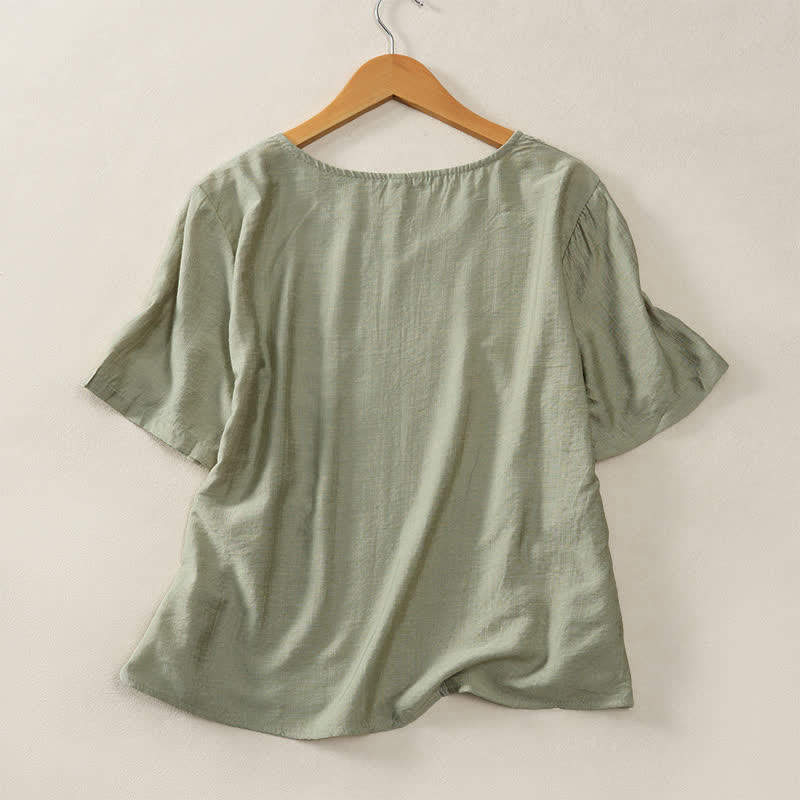 Buddha Stones Lässiges, minimalistisches Kurzarm-T-Shirt für Damen mit V-Ausschnitt, Zierknöpfen und V-Ausschnitt - image 13
