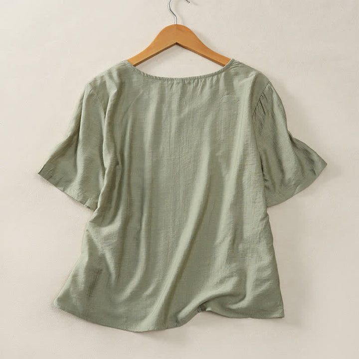 Buddha Stones Lässiges, minimalistisches Kurzarm-T-Shirt für Damen mit V-Ausschnitt, Zierknöpfen und V-Ausschnitt - image 13