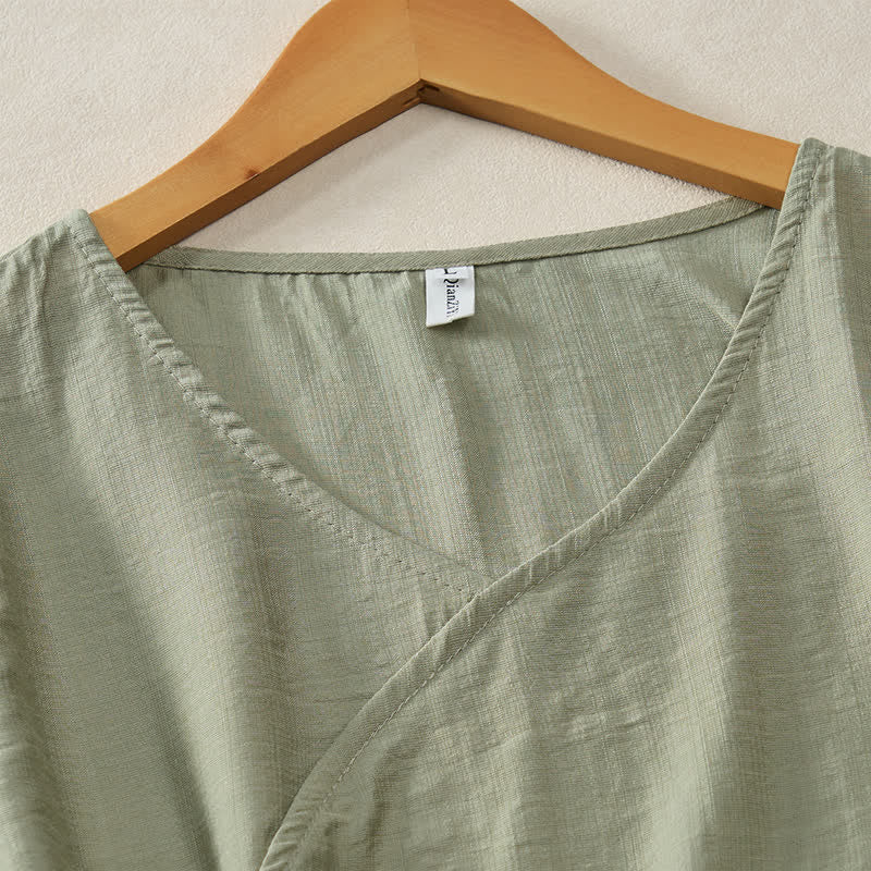 Buddha Stones Lässiges, minimalistisches Kurzarm-T-Shirt für Damen mit V-Ausschnitt, Zierknöpfen und V-Ausschnitt - image 14