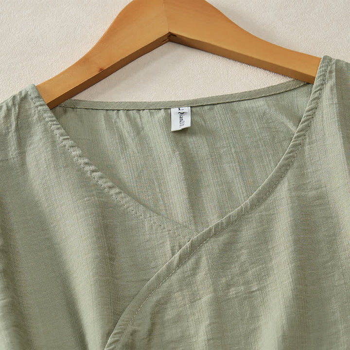 Buddha Stones Lässiges, minimalistisches Kurzarm-T-Shirt für Damen mit V-Ausschnitt, Zierknöpfen und V-Ausschnitt - image 14