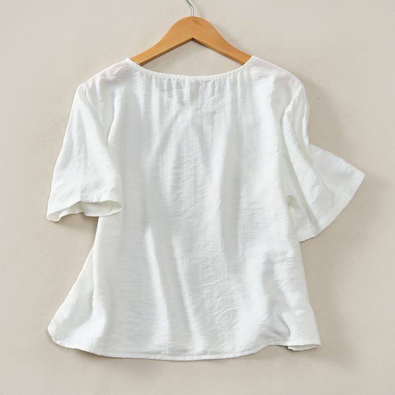 Buddha Stones Lässiges, minimalistisches Kurzarm-T-Shirt für Damen mit V-Ausschnitt, Zierknöpfen und V-Ausschnitt - image 19