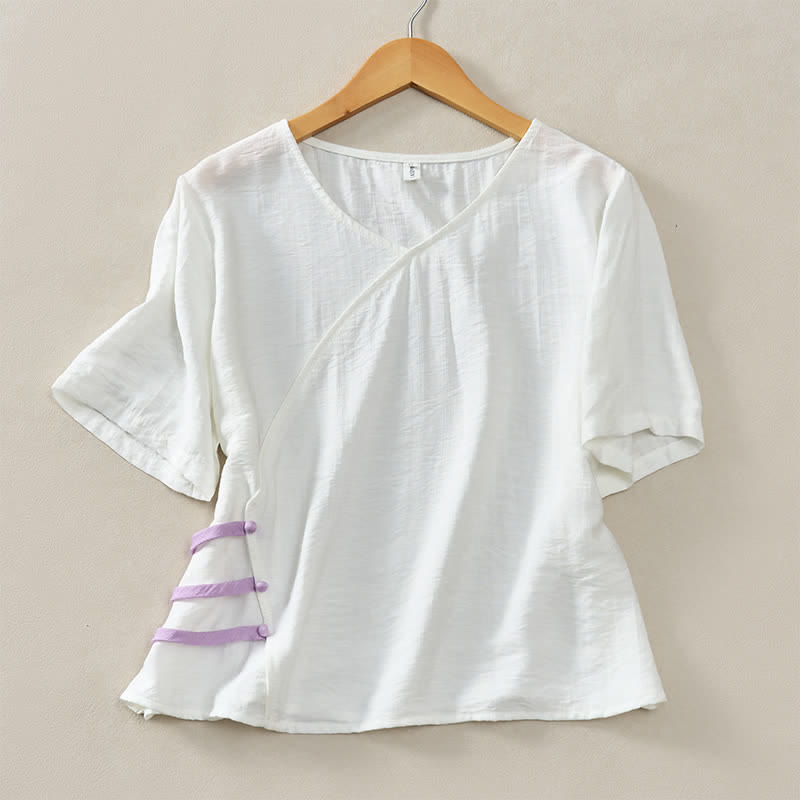 Buddha Stones Lässiges, minimalistisches Kurzarm-T-Shirt für Damen mit V-Ausschnitt, Zierknöpfen und V-Ausschnitt - Weiß - US8-10, UK/AU12-14, EU40-42 (2XL) - image 18