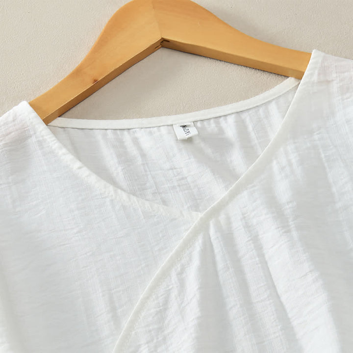 Buddha Stones Lässiges, minimalistisches Kurzarm-T-Shirt für Damen mit V-Ausschnitt, Zierknöpfen und V-Ausschnitt - image 20