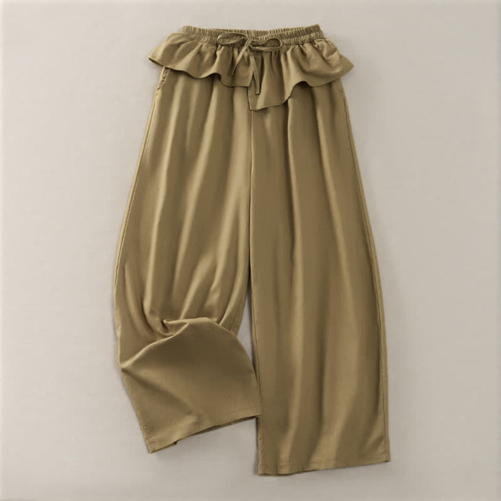 Buddha Stones Lässige, einfarbige Cropped-Hose mit Kordelzug, elastischem Bund, Rüschen und Taschen für Damen (Frühling/Sommer) - Dunkelkhaki - US8-10, UK/AU12-14, EU40-42 (2XL) - image 0