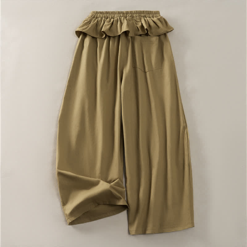 Buddha Stones Lässige, einfarbige Cropped-Hose mit Kordelzug, elastischem Bund, Rüschen und Taschen für Damen (Frühling/Sommer) - image 1