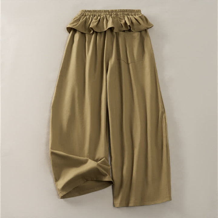 Buddha Stones Lässige, einfarbige Cropped-Hose mit Kordelzug, elastischem Bund, Rüschen und Taschen für Damen (Frühling/Sommer) - image 1