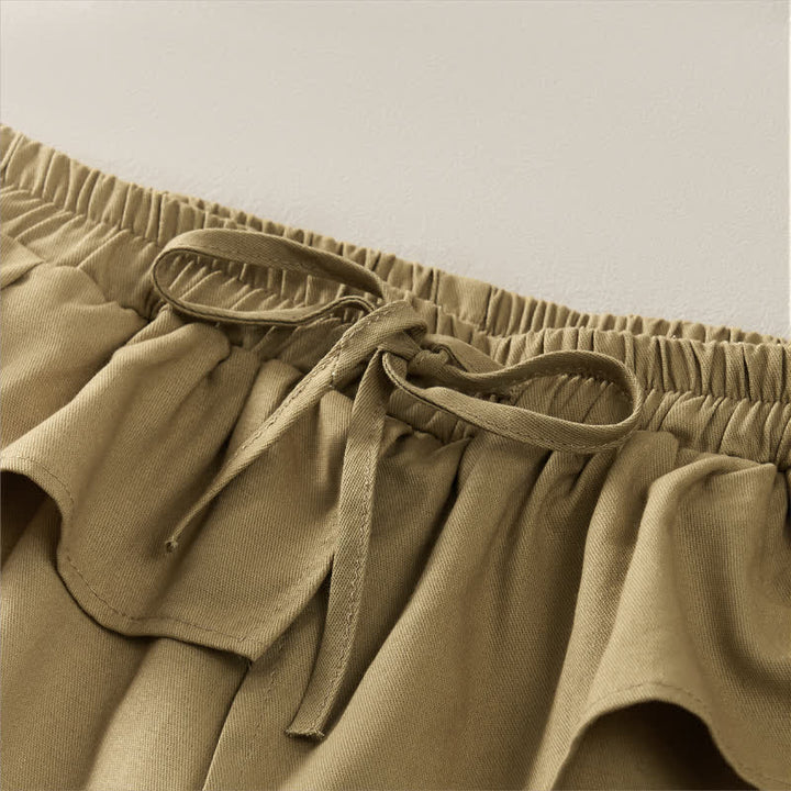 Buddha Stones Lässige, einfarbige Cropped-Hose mit Kordelzug, elastischem Bund, Rüschen und Taschen für Damen (Frühling/Sommer) - image 3