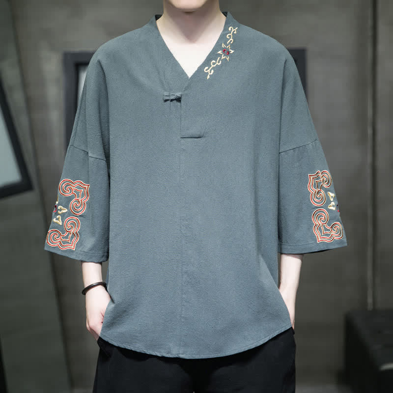 Buddha Stones Sommerliches Tang Style Herren-Kurzarmhemd mit Stickerei, V-Ausschnitt, einem Froschknopf und Blumenmuster - Kadettenblau - US/ UK/AU46, EU56 (5XL) - image 0