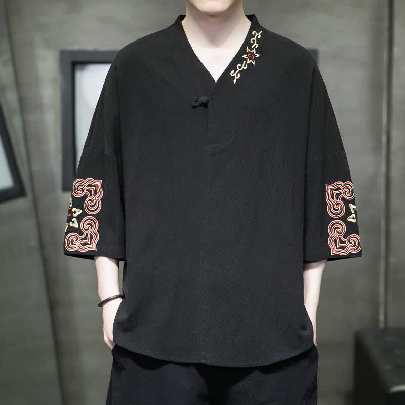 Buddha Stones Sommerliches Tang Style Herren-Kurzarmhemd mit Stickerei, V-Ausschnitt, einem Froschknopf und Blumenmuster - Schwarz - US/ UK/AU46, EU56 (5XL) - image 6