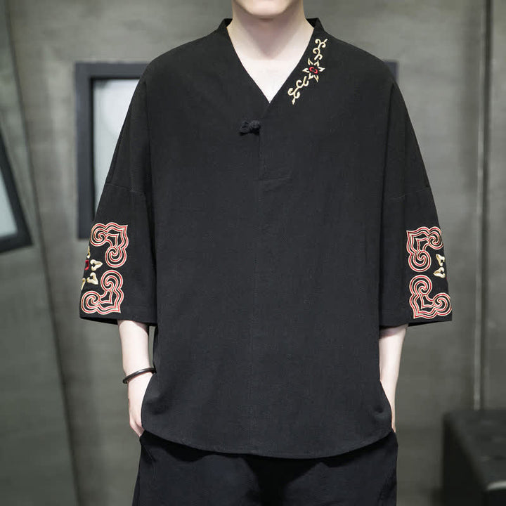 Buddha Stones Sommerliches Tang Style Herren-Kurzarmhemd mit Stickerei, V-Ausschnitt, einem Froschknopf und Blumenmuster - Schwarz - US/ UK/AU46, EU56 (5XL) - image 6