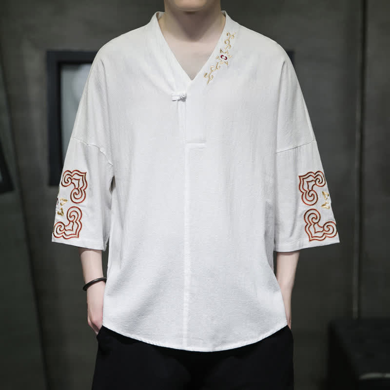 Buddha Stones Sommerliches Tang Style Herren-Kurzarmhemd mit Stickerei, V-Ausschnitt, einem Froschknopf und Blumenmuster - Weiß - US/ UK/AU46, EU56 (5XL) - image 8