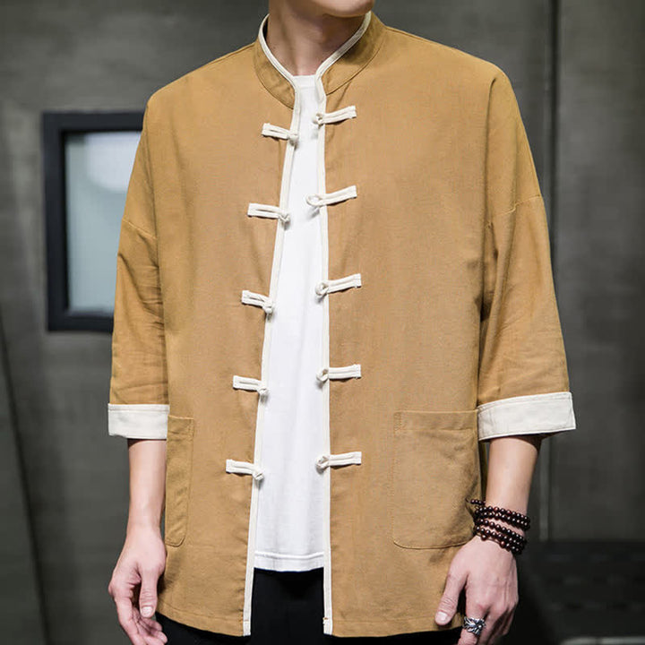 Buddha Stones Sommerliches Tang-Style Herren-Kurzarmhemd mit Stehkragen, Farbblockdesign, Froschknopfleiste und Taschen - image 19
