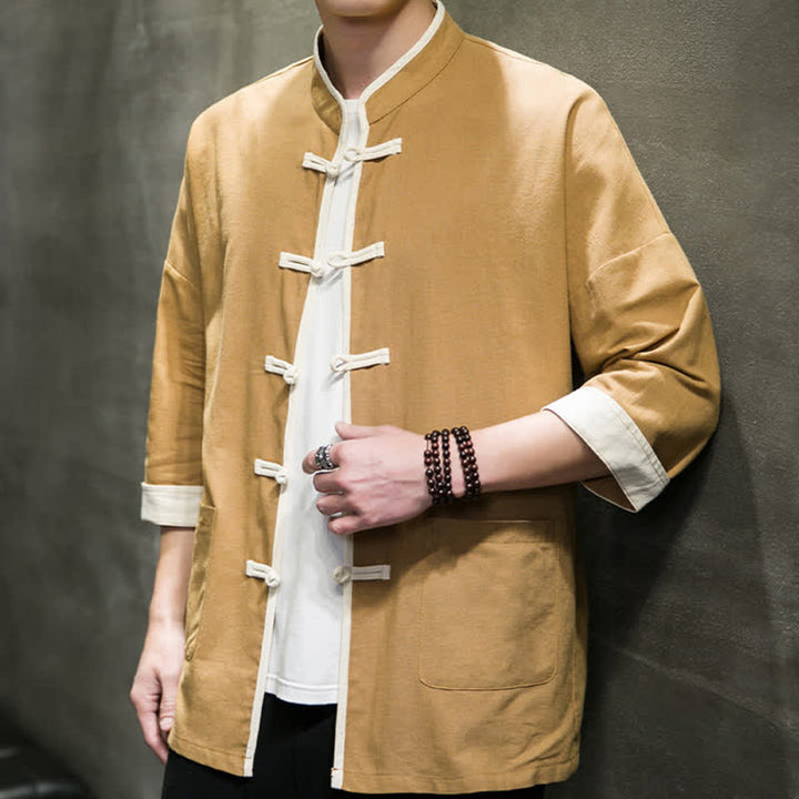 Buddha Stones Sommerliches Tang-Style Herren-Kurzarmhemd mit Stehkragen, Farbblockdesign, Froschknopfleiste und Taschen - image 21
