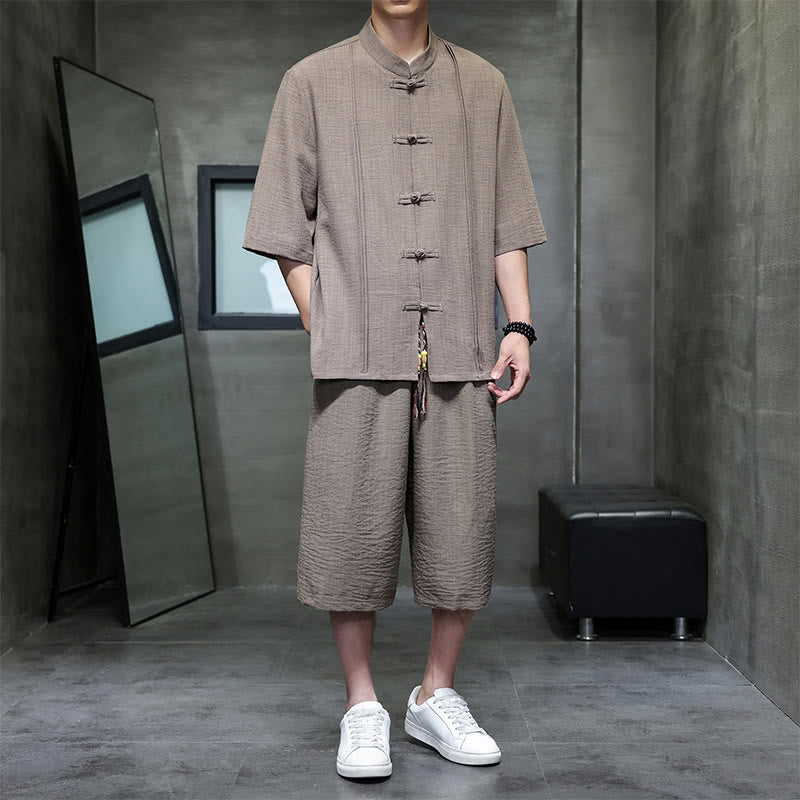 Buddha Stones 2-teiliges Sommer-Set im Tang-Stil: Hemd mit Froschknöpfen, einfarbig, ellbogenlange Ärmel, kurze Hose, Herren-Meditationskleidung mit Taschen - Peru - US/ UK/AU46, EU56 (5XL) - image 31