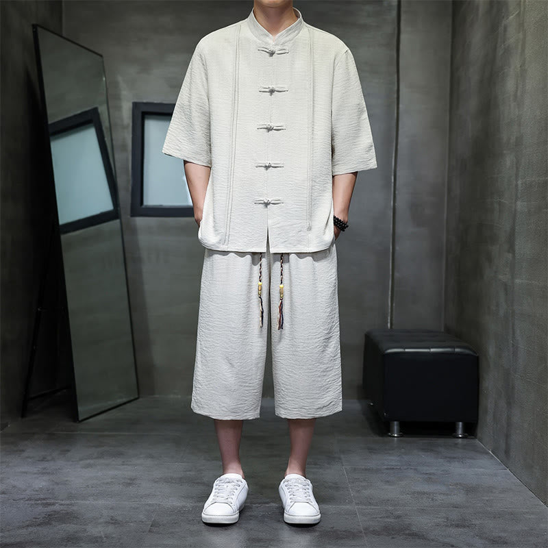 Buddha Stones 2-teiliges Sommer-Set im Tang-Stil: Hemd mit Froschknöpfen, einfarbig, ellbogenlange Ärmel, kurze Hose, Herren-Meditationskleidung mit Taschen - Beige - US/ UK/AU46, EU56 (5XL) - image 0