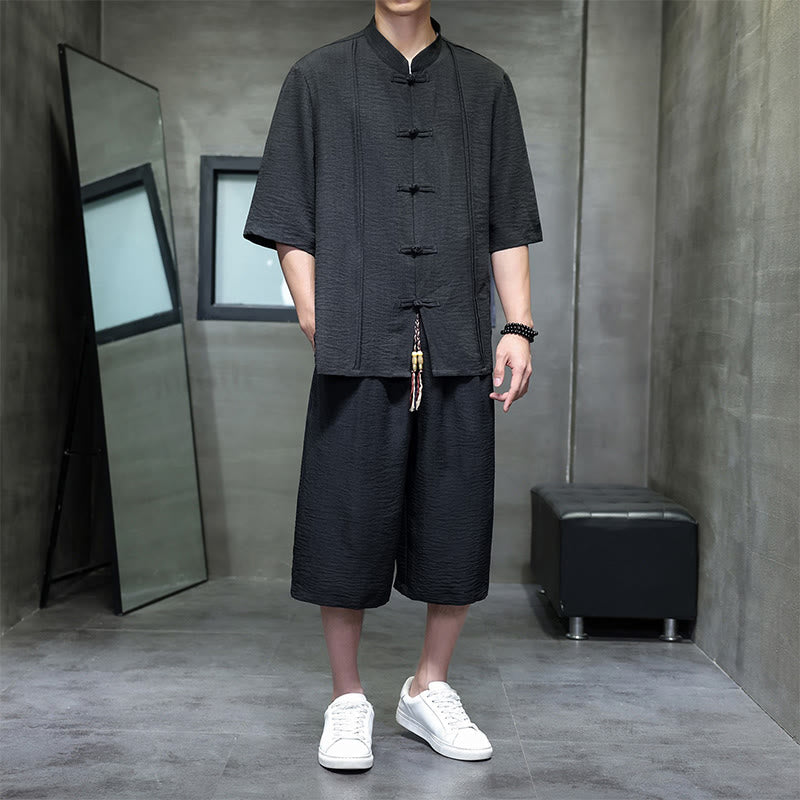 Buddha Stones 2-teiliges Sommer-Set im Tang-Stil: Hemd mit Froschknöpfen, einfarbig, ellbogenlange Ärmel, kurze Hose, Herren-Meditationskleidung mit Taschen - Schwarz - US/ UK/AU46, EU56 (5XL) - image 22