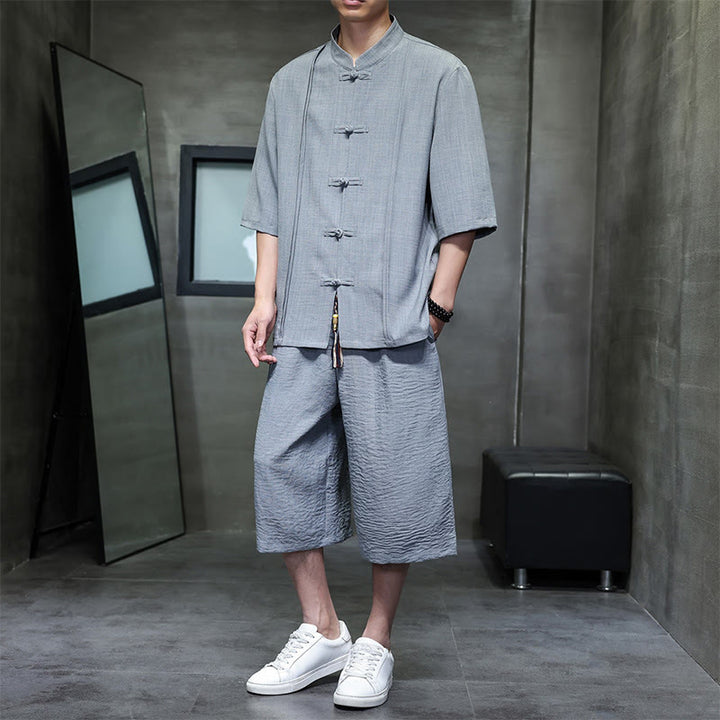 Buddha Stones 2-teiliges Sommer-Set im Tang-Stil: Hemd mit Froschknöpfen, einfarbig, ellbogenlange Ärmel, kurze Hose, Herren-Meditationskleidung mit Taschen - Grau - US/ UK/AU46, EU56 (5XL) - image 9