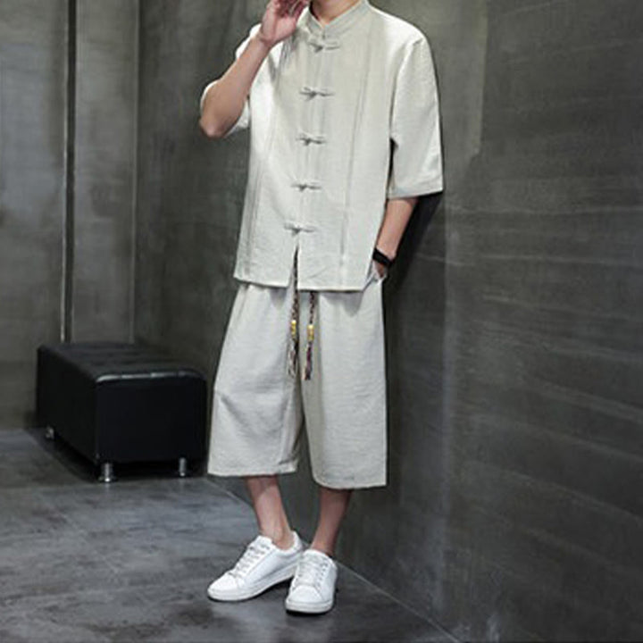Buddha Stones 2-teiliges Sommer-Set im Tang-Stil: Hemd mit Froschknöpfen, einfarbig, ellbogenlange Ärmel, kurze Hose, Herren-Meditationskleidung mit Taschen - image 2