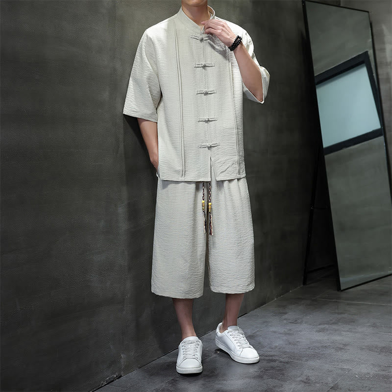 Buddha Stones 2-teiliges Sommer-Set im Tang-Stil: Hemd mit Froschknöpfen, einfarbig, ellbogenlange Ärmel, kurze Hose, Herren-Meditationskleidung mit Taschen - image 4