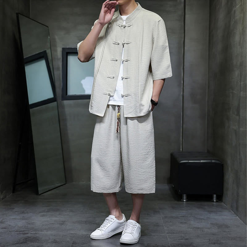 Buddha Stones 2-teiliges Sommer-Set im Tang-Stil: Hemd mit Froschknöpfen, einfarbig, ellbogenlange Ärmel, kurze Hose, Herren-Meditationskleidung mit Taschen - image 5