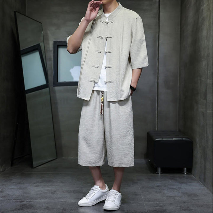 Buddha Stones 2-teiliges Sommer-Set im Tang-Stil: Hemd mit Froschknöpfen, einfarbig, ellbogenlange Ärmel, kurze Hose, Herren-Meditationskleidung mit Taschen - image 5