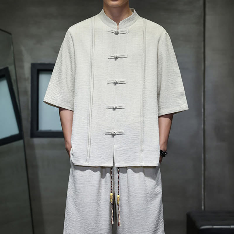 Buddha Stones 2-teiliges Sommer-Set im Tang-Stil: Hemd mit Froschknöpfen, einfarbig, ellbogenlange Ärmel, kurze Hose, Herren-Meditationskleidung mit Taschen - image 7