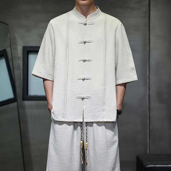Buddha Stones 2-teiliges Sommer-Set im Tang-Stil: Hemd mit Froschknöpfen, einfarbig, ellbogenlange Ärmel, kurze Hose, Herren-Meditationskleidung mit Taschen - image 7
