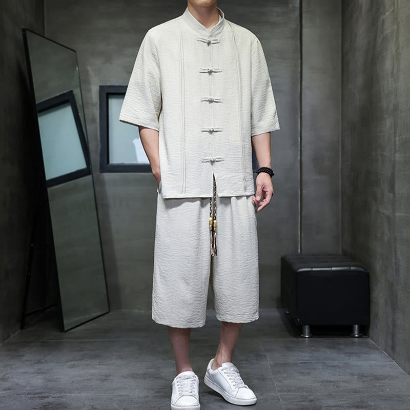 Buddha Stones 2-teiliges Sommer-Set im Tang-Stil: Hemd mit Froschknöpfen, einfarbig, ellbogenlange Ärmel, kurze Hose, Herren-Meditationskleidung mit Taschen - image 1