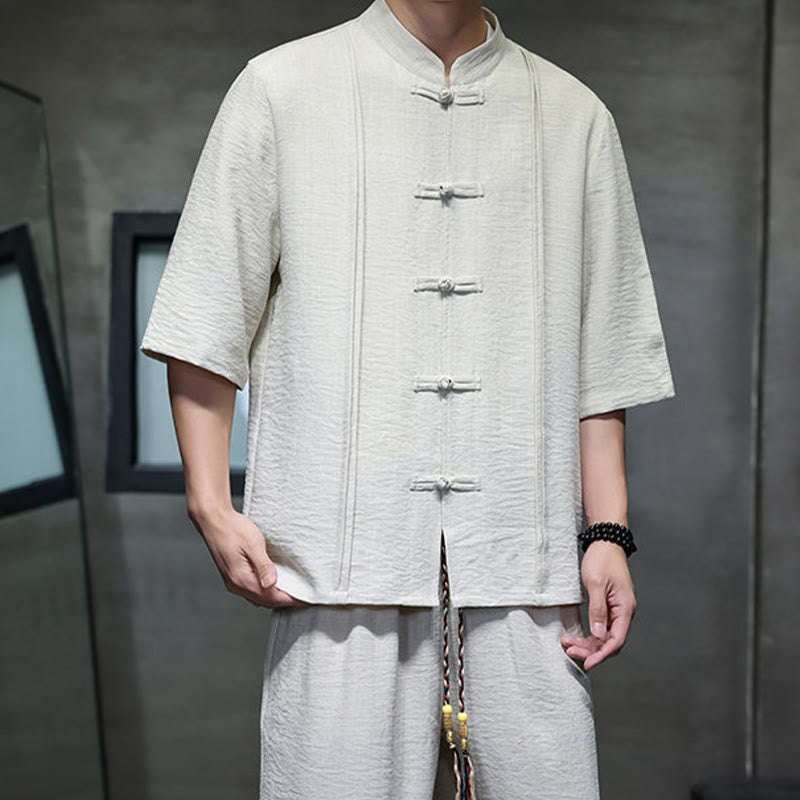 Buddha Stones 2-teiliges Sommer-Set im Tang-Stil: Hemd mit Froschknöpfen, einfarbig, ellbogenlange Ärmel, kurze Hose, Herren-Meditationskleidung mit Taschen - image 6