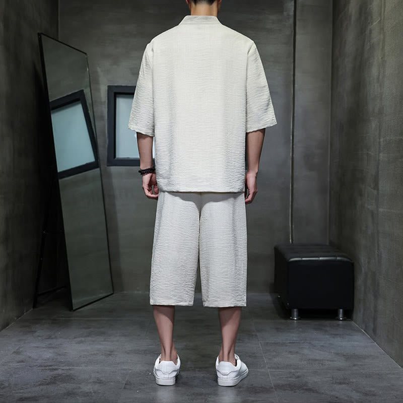 Buddha Stones 2-teiliges Sommer-Set im Tang-Stil: Hemd mit Froschknöpfen, einfarbig, ellbogenlange Ärmel, kurze Hose, Herren-Meditationskleidung mit Taschen - image 3