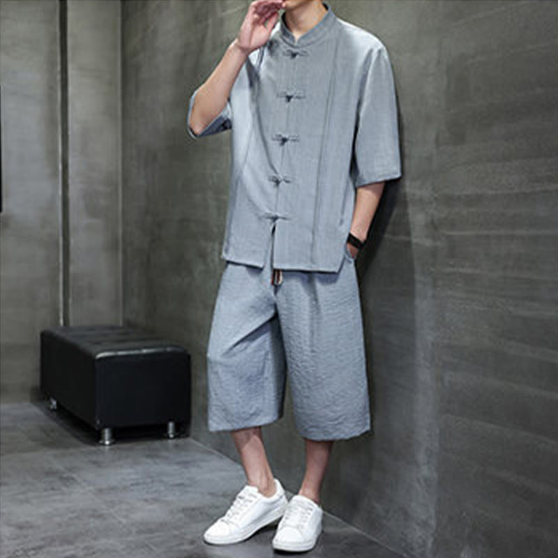 Buddha Stones 2-teiliges Sommer-Set im Tang-Stil: Hemd mit Froschknöpfen, einfarbig, ellbogenlange Ärmel, kurze Hose, Herren-Meditationskleidung mit Taschen - image 11