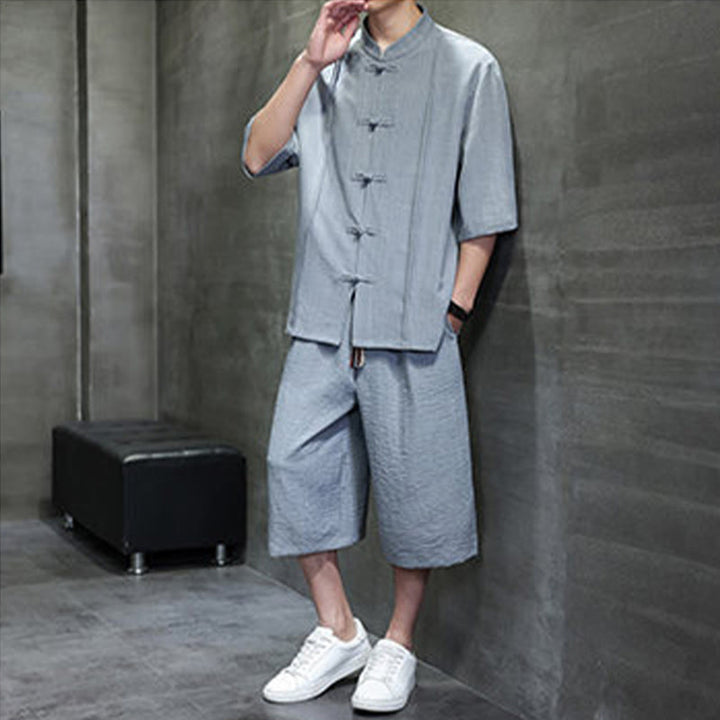 Buddha Stones 2-teiliges Sommer-Set im Tang-Stil: Hemd mit Froschknöpfen, einfarbig, ellbogenlange Ärmel, kurze Hose, Herren-Meditationskleidung mit Taschen - image 11