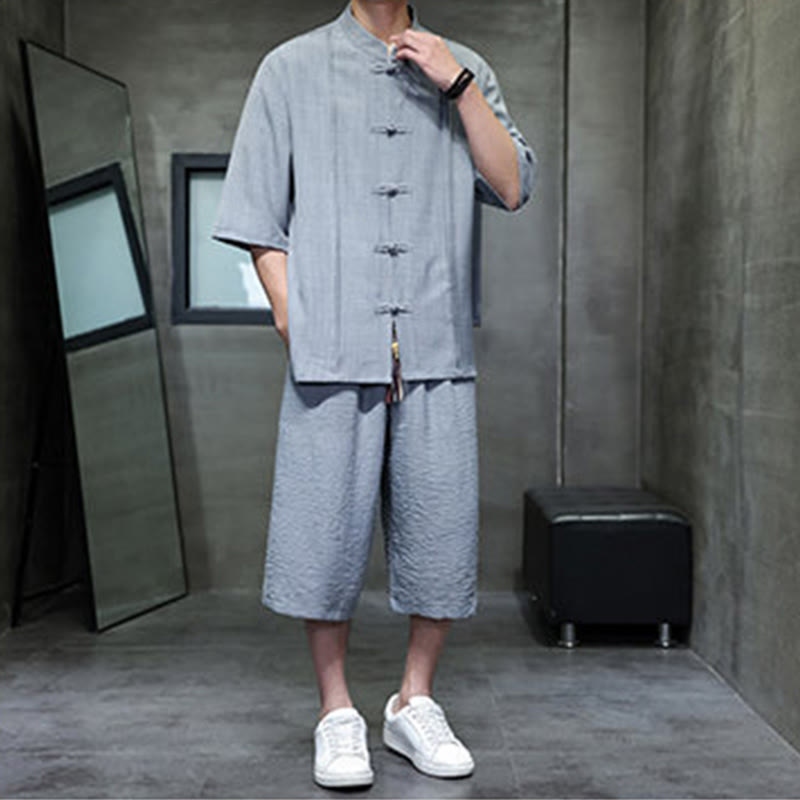 Buddha Stones 2-teiliges Sommer-Set im Tang-Stil: Hemd mit Froschknöpfen, einfarbig, ellbogenlange Ärmel, kurze Hose, Herren-Meditationskleidung mit Taschen - image 10