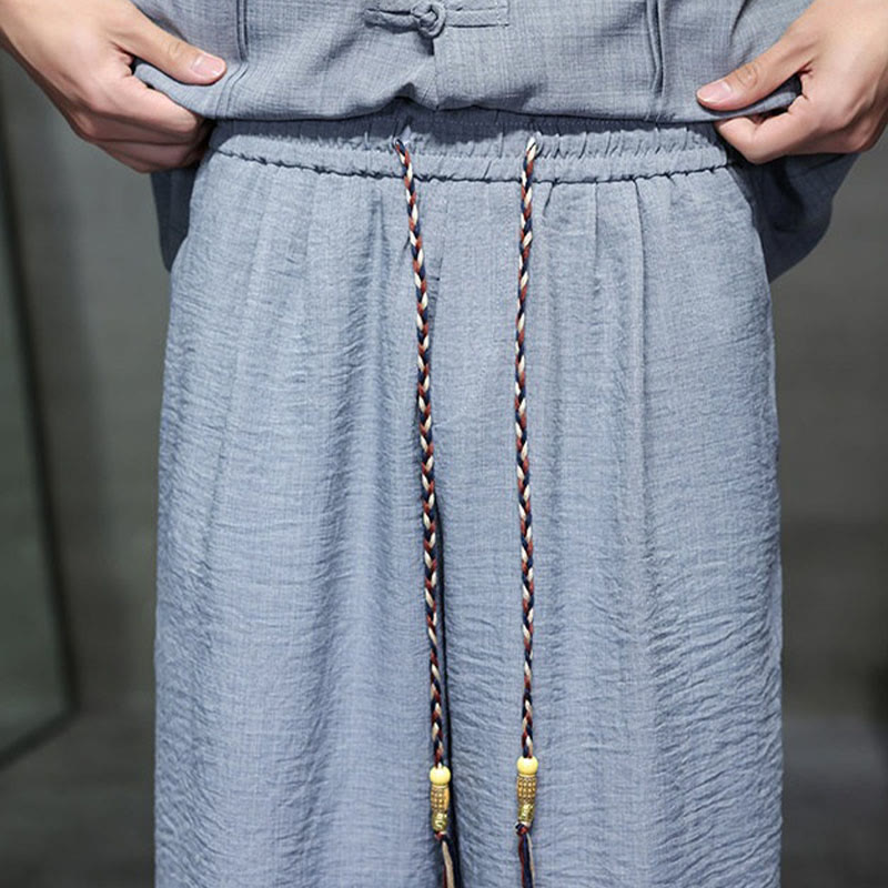Buddha Stones 2-teiliges Sommer-Set im Tang-Stil: Hemd mit Froschknöpfen, einfarbig, ellbogenlange Ärmel, kurze Hose, Herren-Meditationskleidung mit Taschen - image 18