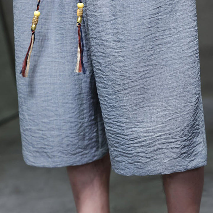 Buddha Stones 2-teiliges Sommer-Set im Tang-Stil: Hemd mit Froschknöpfen, einfarbig, ellbogenlange Ärmel, kurze Hose, Herren-Meditationskleidung mit Taschen - image 21